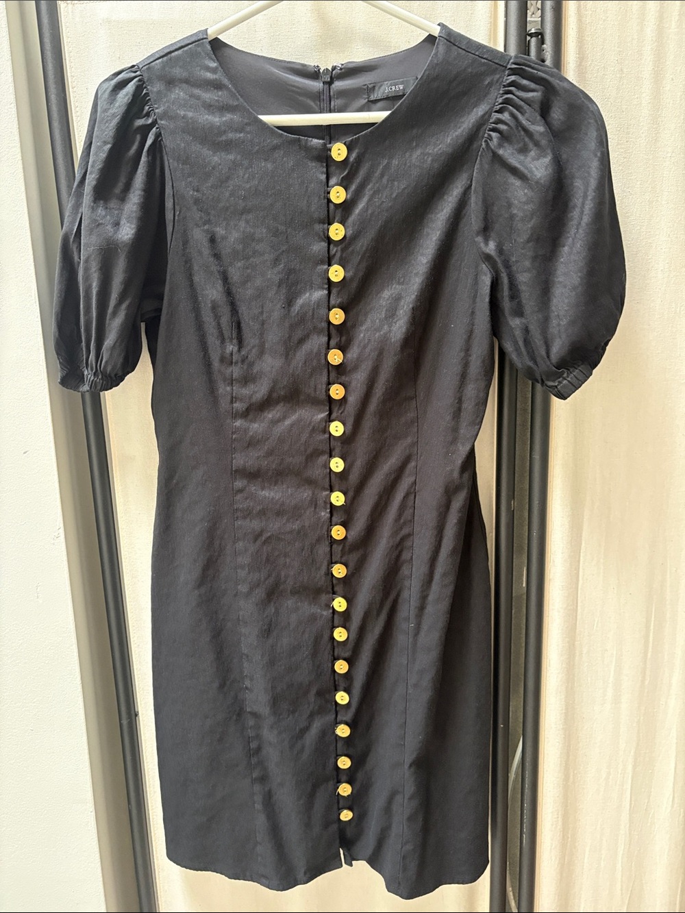 J. Crew Black Puff-Sleeve Button-Front Dress with Yellow Buttons